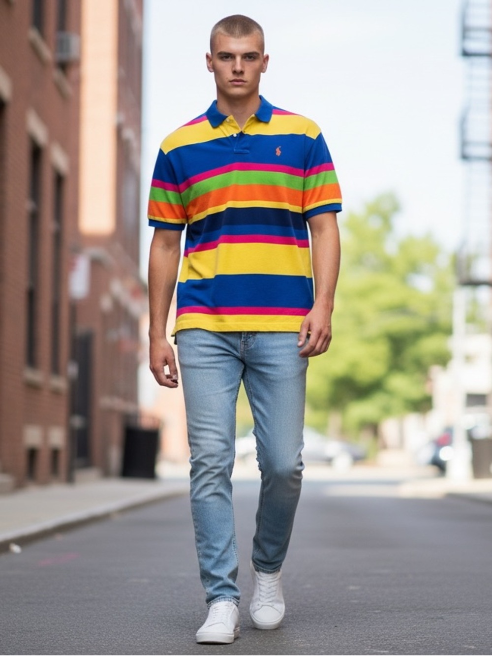 Vintage Polo Ralph Lauren Men’s Bright Colorblock Rainbow Stripe Y2K Golf Polo L